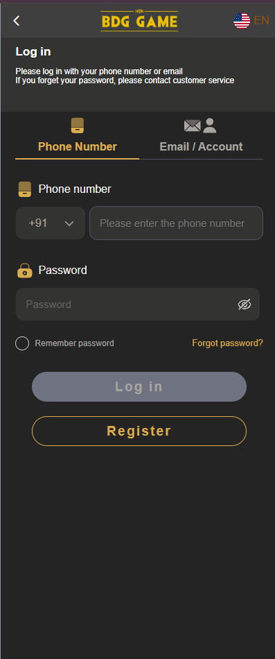 BDG Game Login Screen
